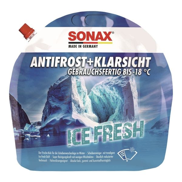 Зимна течност за чистачки SONAX ICE FRESH, готова за употреба до -18 °C , мехче, 3 л.