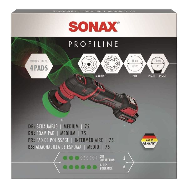 Подложки за полираща машина от дунапрен, зелена, средно твърда SONAX PROFILINE SchaumPad medium, 88 мм., 4 бр.