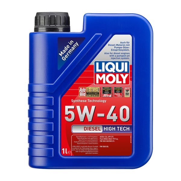 Синя бутилка с черна капачка на Liqui Moly с масло синтетична технология помпа-дюза DIESEL HIGH TECH 5W40