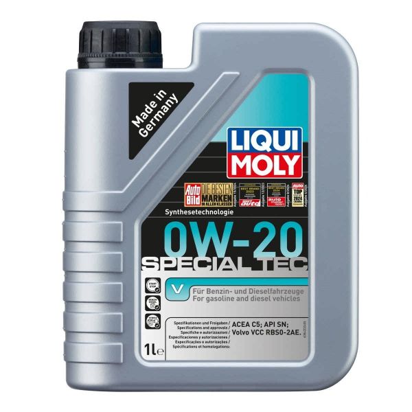 Сива бутилка с черна капачка на Liqui Moly с Масло синтетична технология SPECIAL TEC V 0W20 Volvo