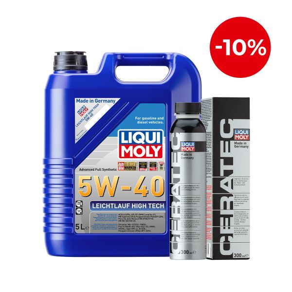 Масло синтетична технология LIQUI MOLY LEICHTLAUF HIGH TECH 5W-40, BMW Longlife-01, MB 229.5, VW 502 00, VW 505 00, 5 л. + Добавка за дълготрайна защита на двигател LIQUI MOLY CERA TEC, 300 мл.