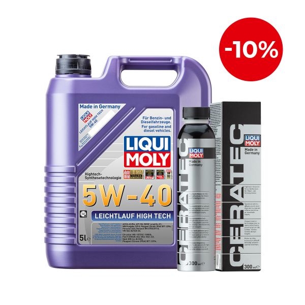 Масло синтетична технология LIQUI MOLY LEICHTLAUF HIGH TECH 5W-40, BMW Longlife-01, MB 229.5, VW 502 00, VW 505 00, 5 л. + Добавка за дълготрайна защита на двигател LIQUI MOLY CERA TEC, 300 мл.
