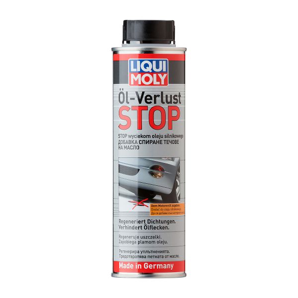 Добавка на Liqui Moly за спиране на течове на маслото в сив флакон с черна капачка