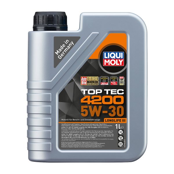 Сива бутилка с черна капачка на Liqui Moly с Mасло синтeтична технология TOP TEC 4200 5W30