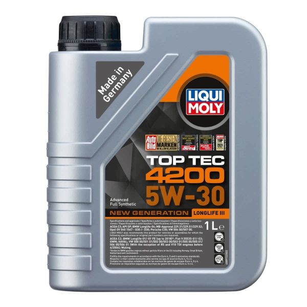 Сива бутилка с черна капачка на Liqui Moly с Mасло синтeтична технология TOP TEC 4200 5W30