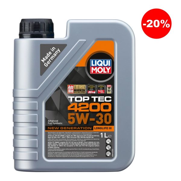 Масло синтeтична технология LIQUI MOLY TOP TEC 4200 5W-30 NEW GENERATION, BMW Longlife-04, MB 229.52, VW 504 00, VW 507 00, 1 л.