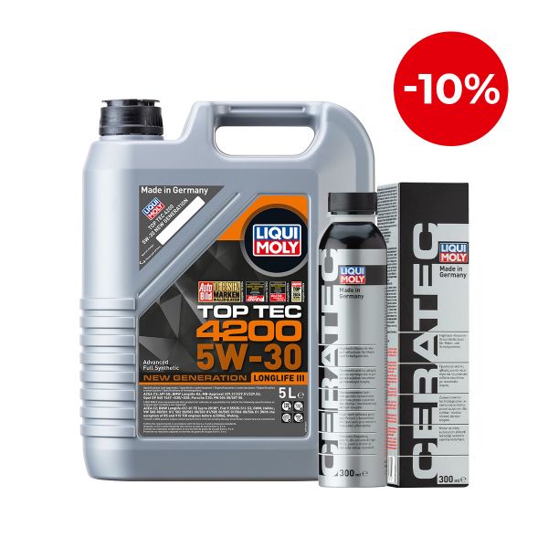 Масло  синтeтична технология LIQUI MOLY TOP TEC 4200 5W-30 NEW GENERATION, BMW Longlife-04, MB 229.52, VW 504 00, VW 507 00, 5 л. + Добавка за дълготрайна защита на двигател LIQUI MOLY CERA TEC, 300 мл.